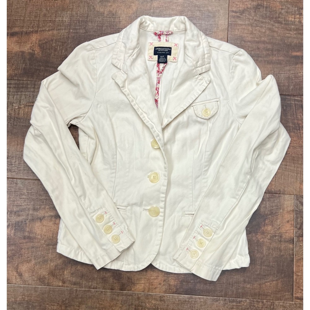 American Eagle Womens Cream Cotton Blazer Jacket Size Small S Floral Lining Y2K